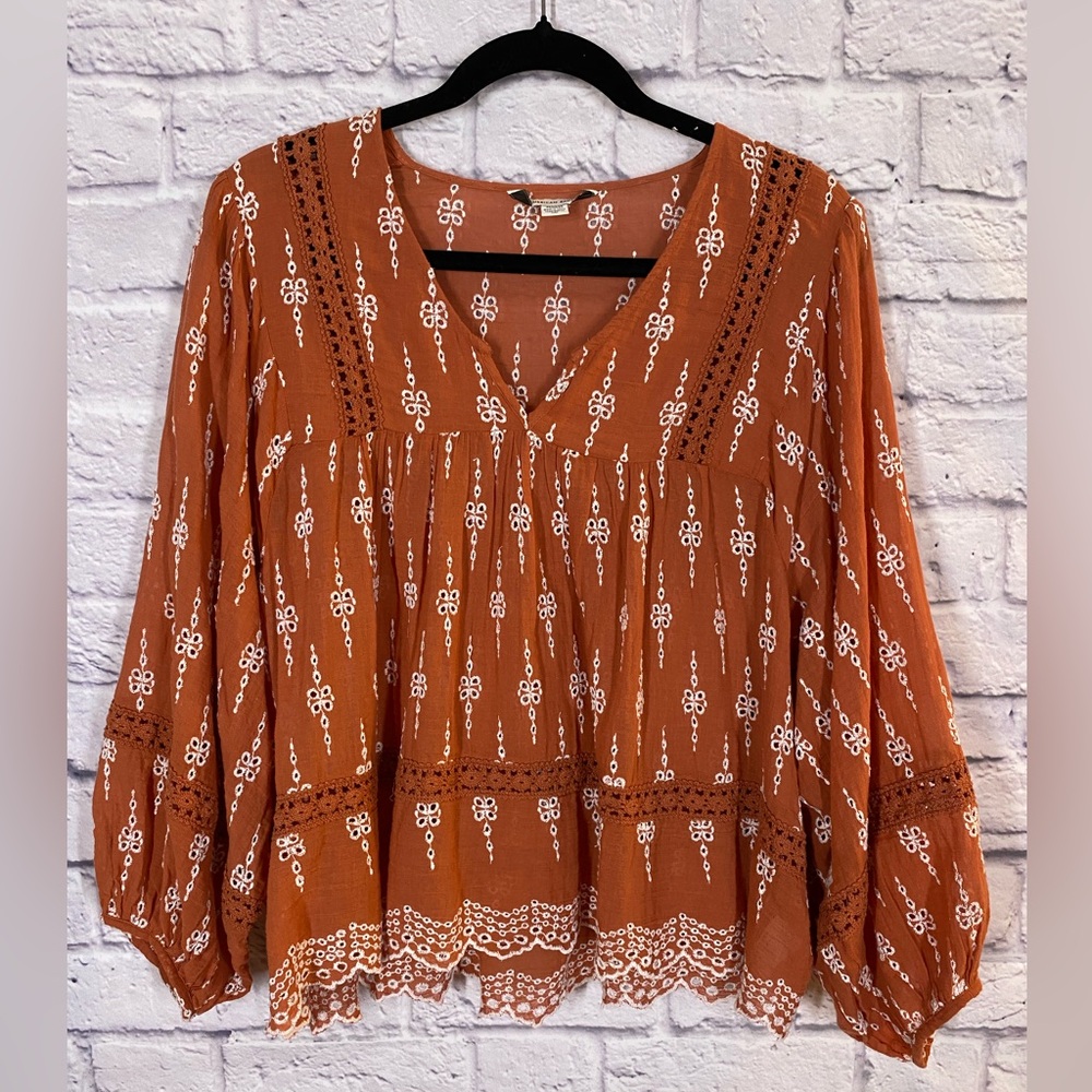 American Eagle Rust Orange Boho Embroidered Peasant Blouse Size M